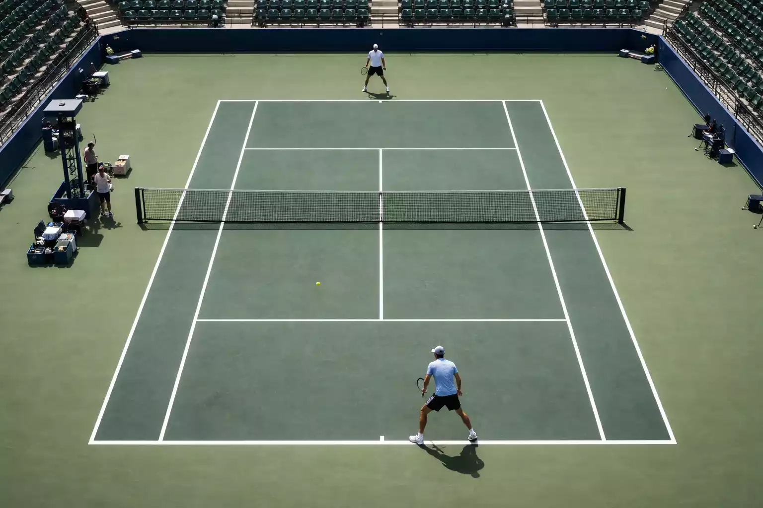 Campo da tennis visto dall'alto con giocatori in azione e linee di gioco visibili